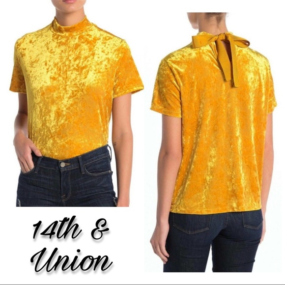 14th & Union Tops - 14th & Union Velvet Back Bow Mock Neck Top Yellow